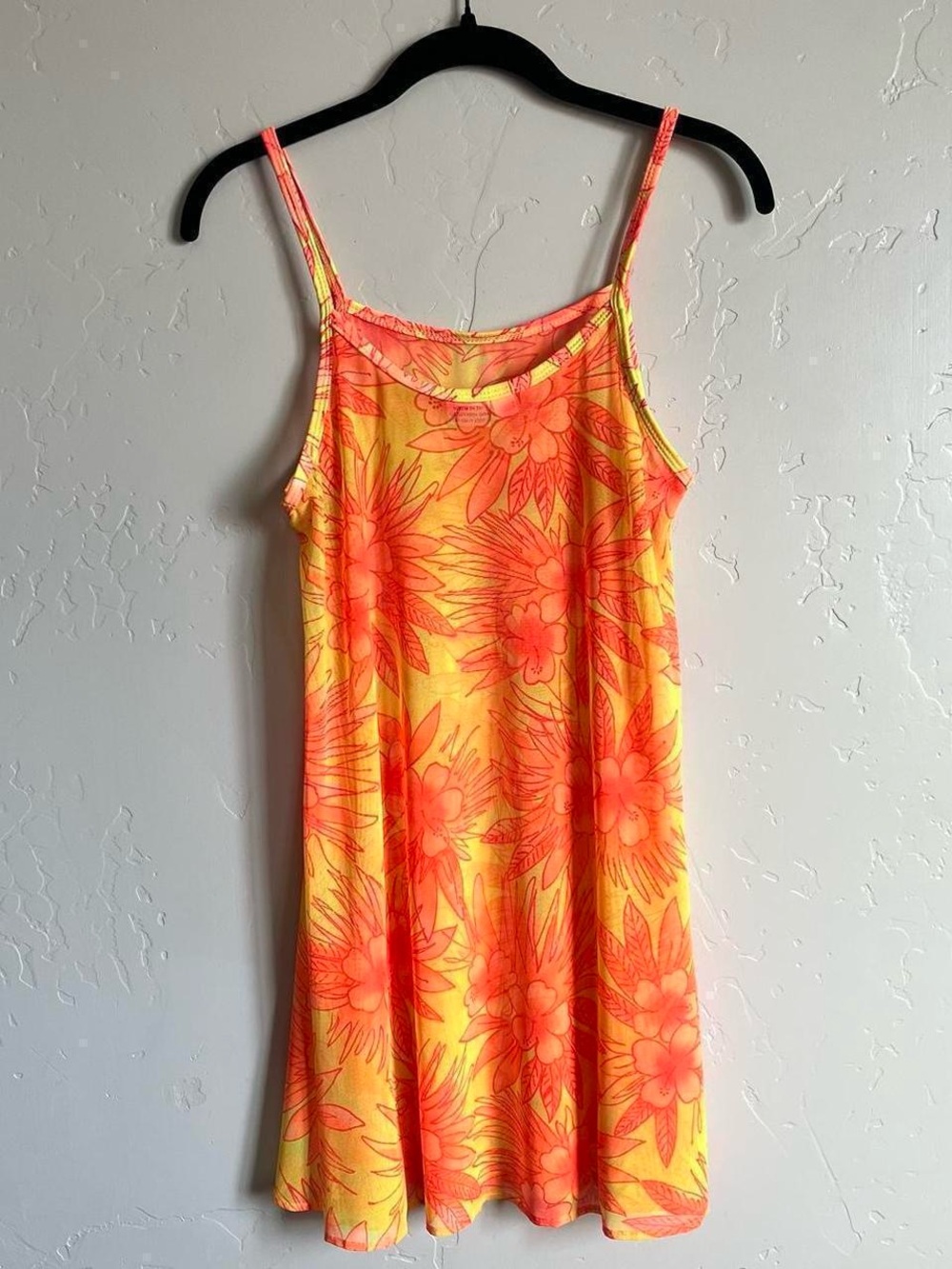 2000’s vintage DeLaMer bright yellow orange hibiscus print micro mesh mini dress